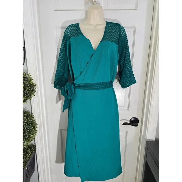 KIYONNA Teal Wrap Mesh Sleeve Sheath Dress Made in USA Size‎ 2